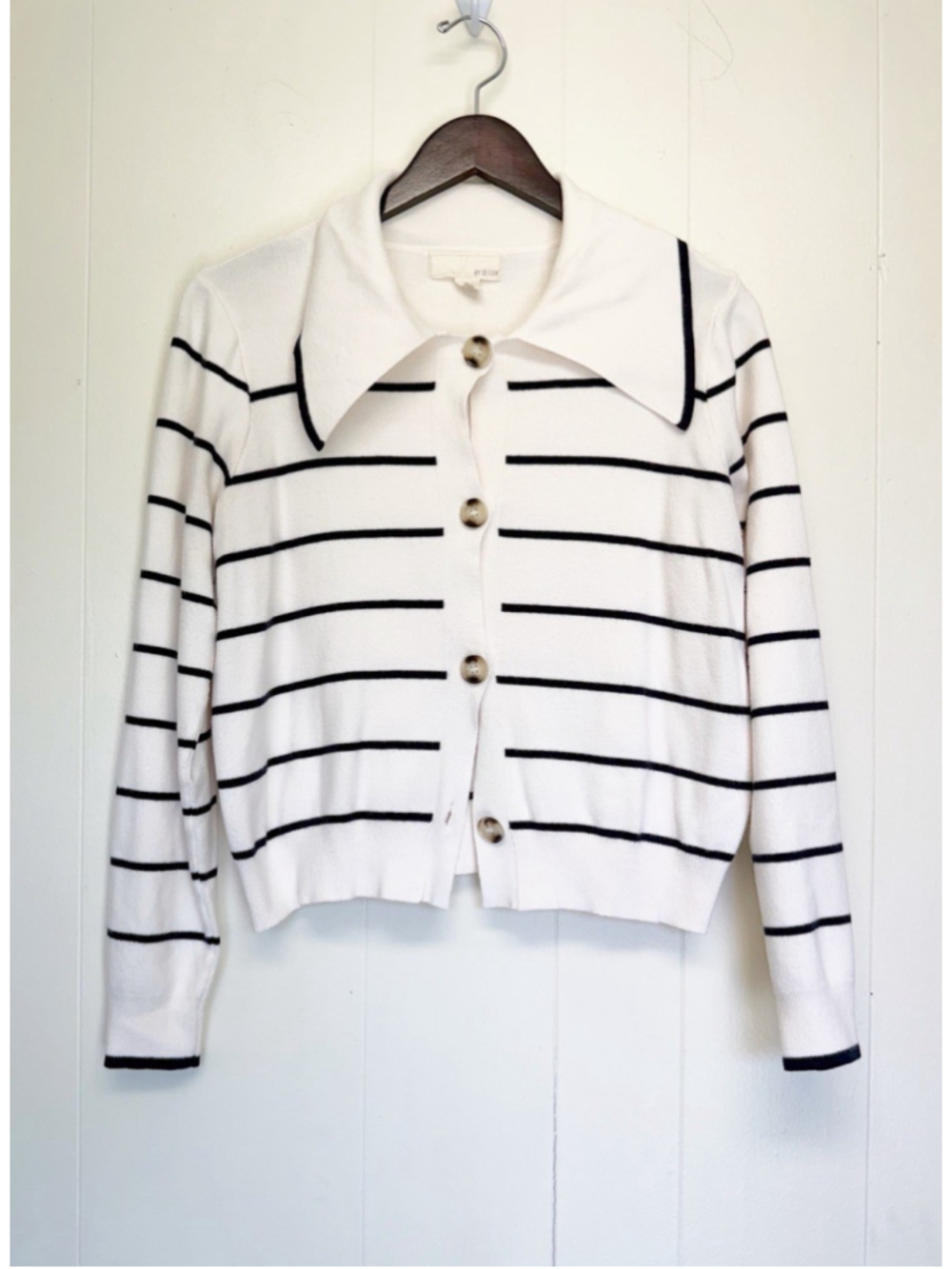 BY DESIGN Striped Button Collared Cardigan White Black Medium